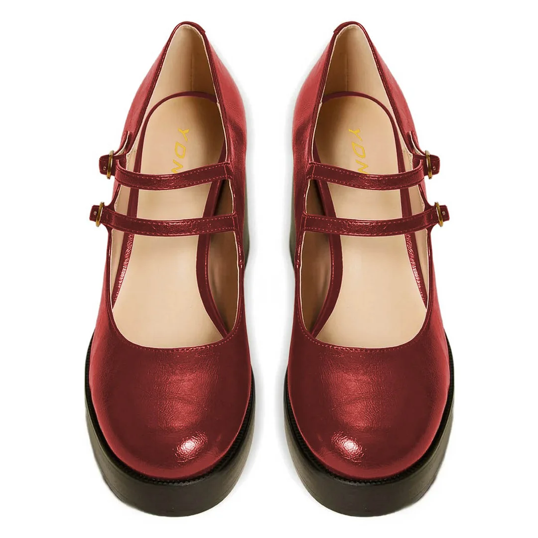 Red Chunky Heel Double Buckle Strap Mary Jane Platform Shoes