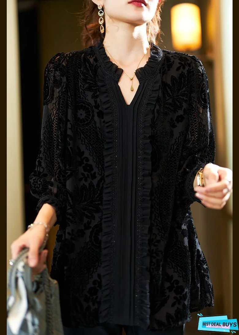 New Black V Neck Ruffled Silk Velour Tops Bracelet Sleeve