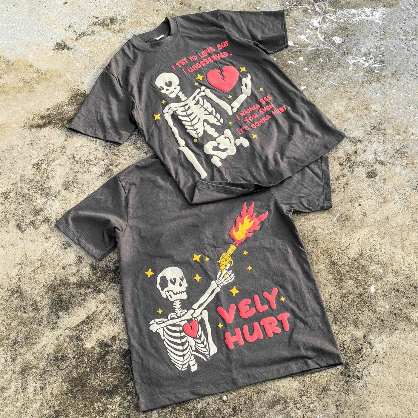 Skeleton Hurt Print Washed Short-Sleeved T-Shirt