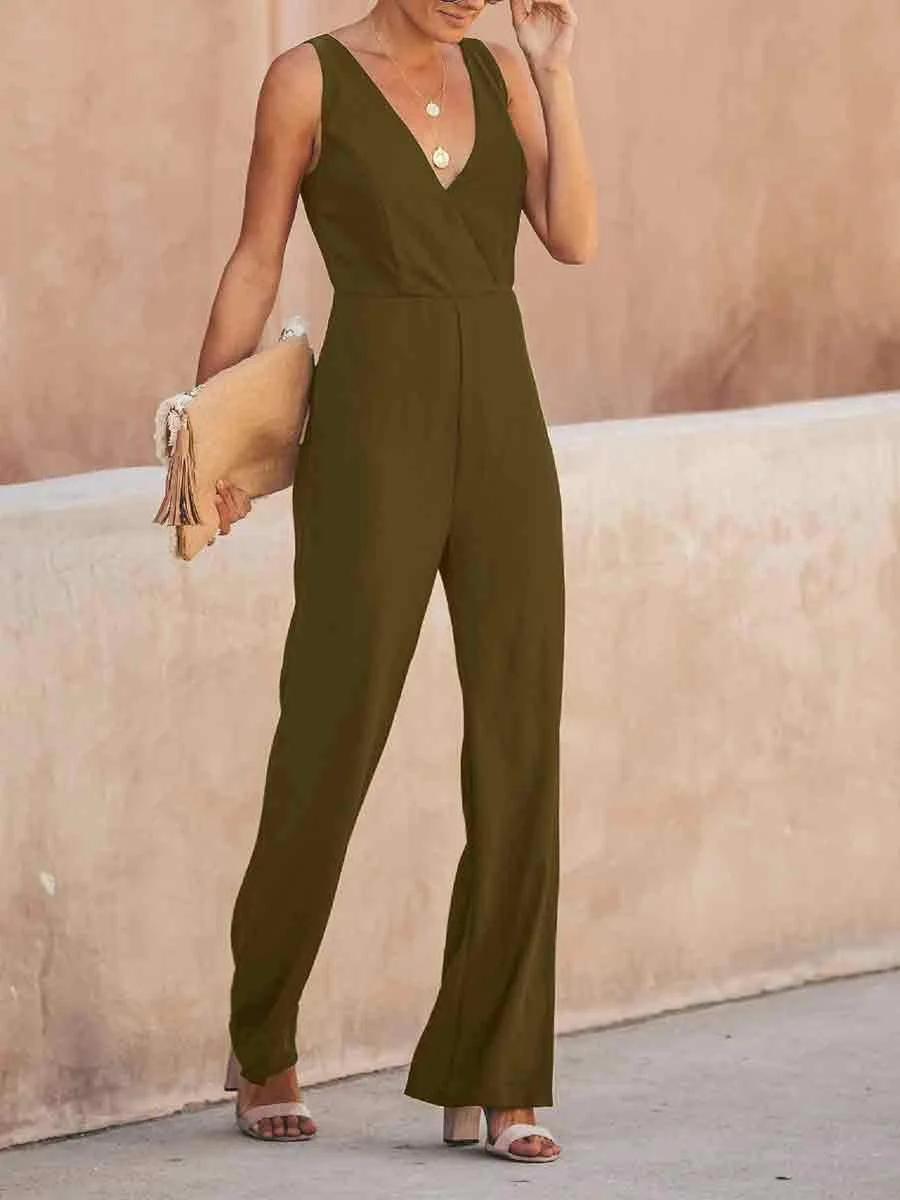 Elegant V-Neck Solid Color Jumpsuits