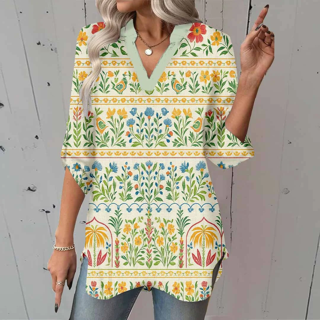 Women Artistic Of, Floral, Green DZGA0135 3/4 Sleeve V-neck Printed Graphic Button Tops