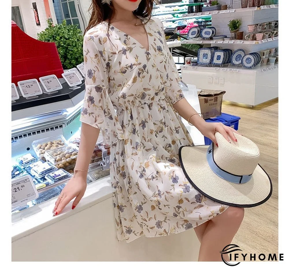 Spring Summer Chiffon Women V-Neck Floral Print Short Dresses Sweet Ruffle Sleeeve Slim Drawstring Ladies Dress | IFYHOME
