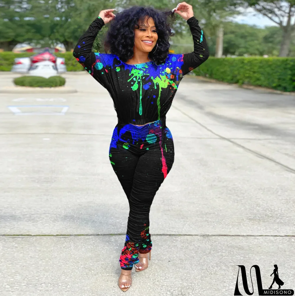 MidiSono - Ruched Splash Ink Printed Casual Two Piece Set