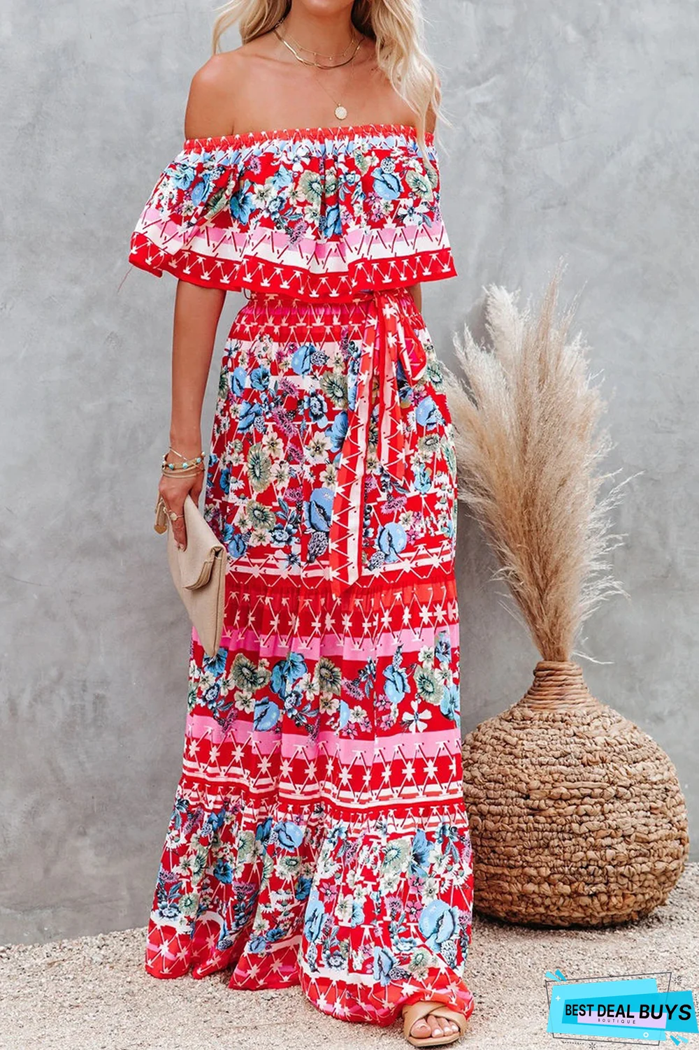 Fashion Street Print Off the Shoulder A Line Dresses(6 Colors)