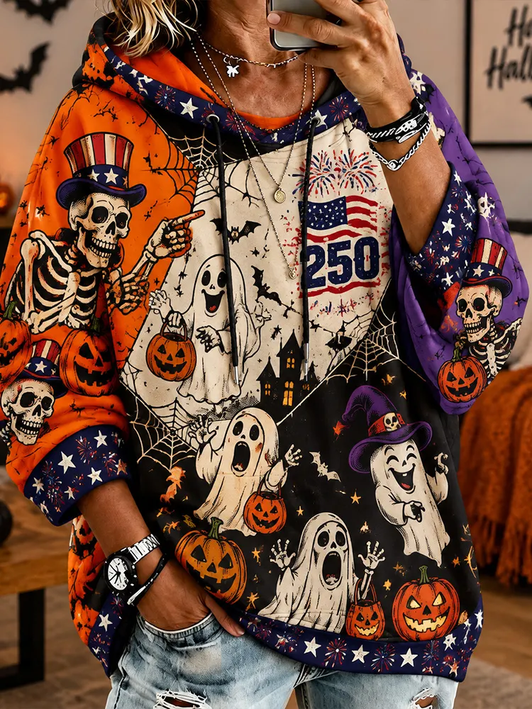 Comstylish Women's Halloween Skull And Ghost Art Print Patchwork Casual Hoodie
