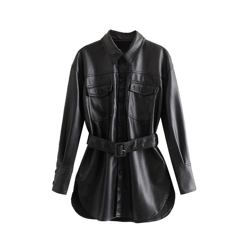 KPYTOMOA Women 2020 Fashion PU Faux Leather With Belt Jacket Coat Vintage Long Sleeve Side Vents Female Outerwear Chic Tops