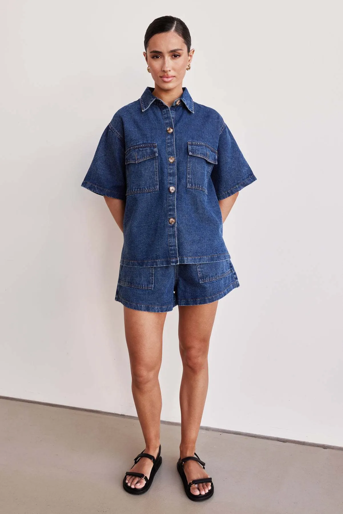 Retro Casual Loose Pockets Short Sleeved Shirt Shorts Denim Two Piece Sets