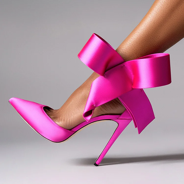 Hot Pink Stiletto Satin Pumps Women's Pointed Toe Bow Heels Shoes |FSJ Shoes