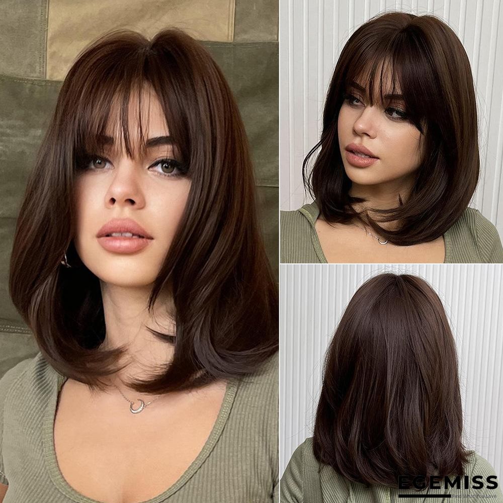 Dark Brown Short Bob Hair Wigs with Bangs Synthetic Wig | EGEMISS