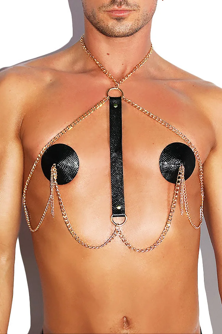 Halter PU Leather Metal Chain Round Pasties Harness