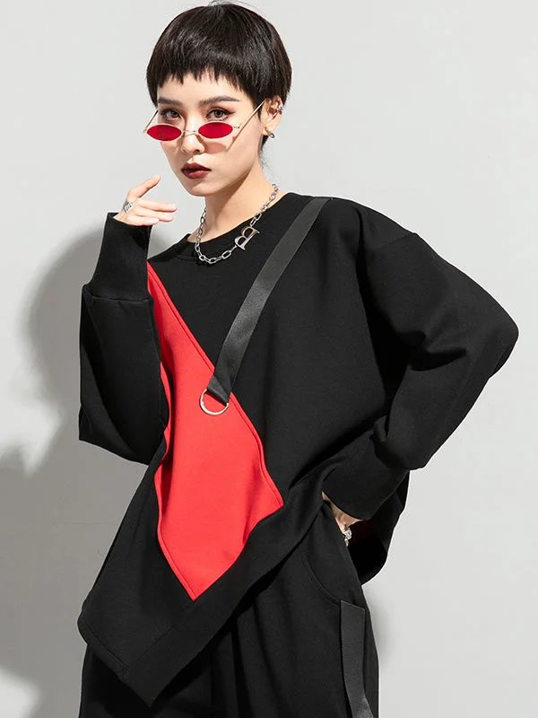 Stylish Black&Red Asymmetric Contrast Color Round-Neck Long Sleeves T-Shirt