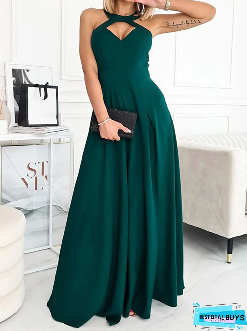 Solid Color Sleeveless Waist Dress Full Skirt