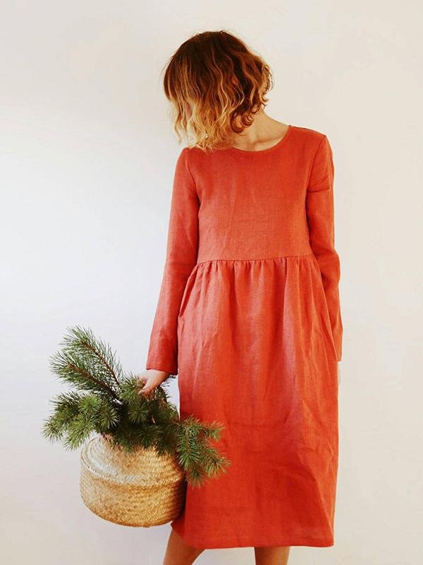 Loose casual solid color cotton and linen dress-Mayoulove