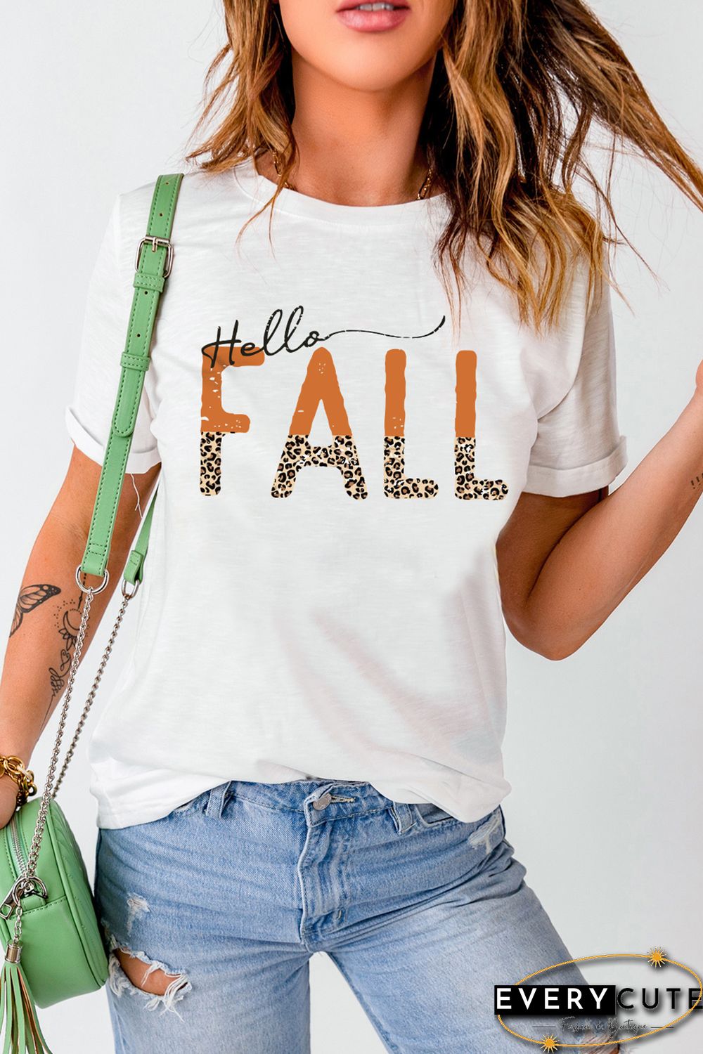 White Hello Fall Leopard Fun Graphic T Shirt