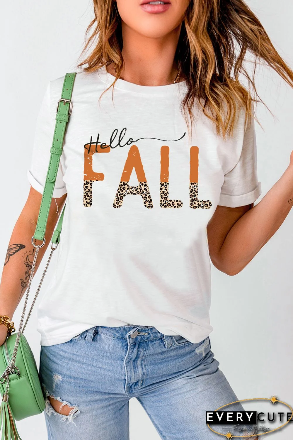 White Hello Fall Leopard Fun Graphic T Shirt