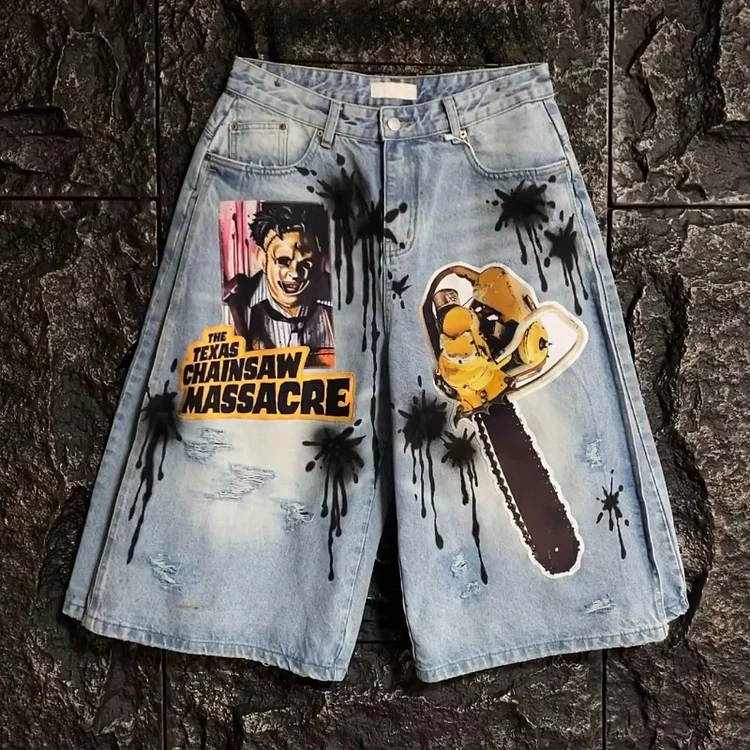 Y2K spray painting hole breaking chainsaw slaughter Pattern patch oppressive cowboy retro gothic men women retro denim shorts