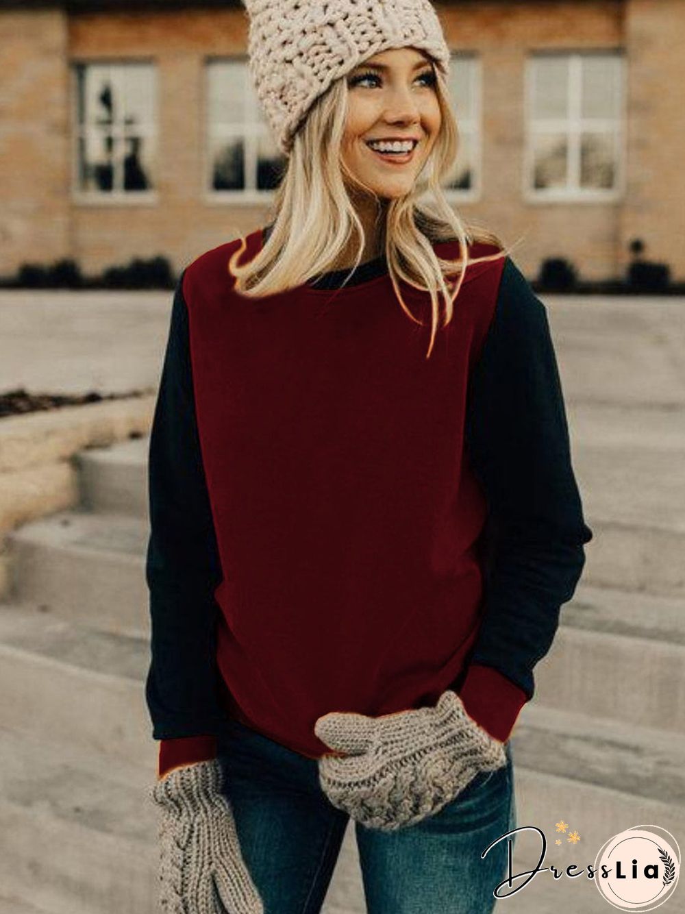 Red Long Sleeve Round Neck Stitching Top