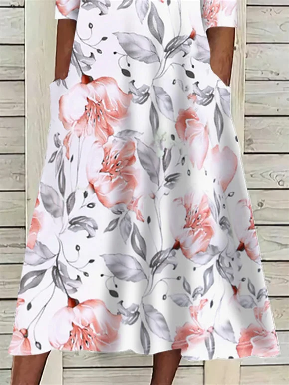 Women Half Sleeve V-neck Solid Color Dress