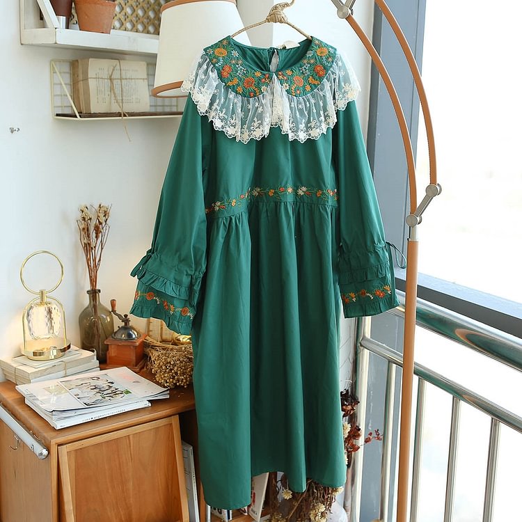Queenfunky cottagecore style Forest Green Embroidered Lace Collar Dress QueenFunky