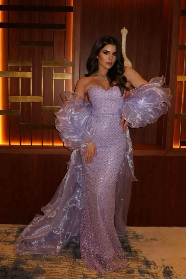 Lisliy Sweetheart Mermaid Lilac Strapless Prom Dress With Streamer Trail 
