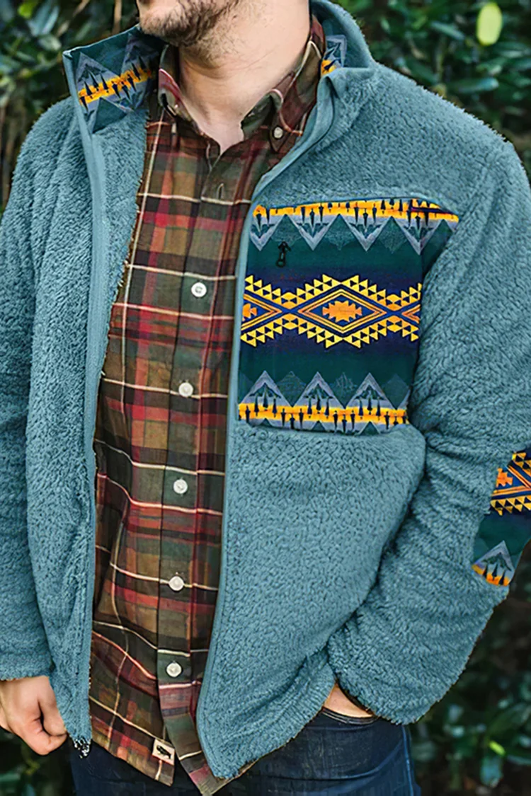 Casual Vintage Paneled Fleece Zip-Up Jacket