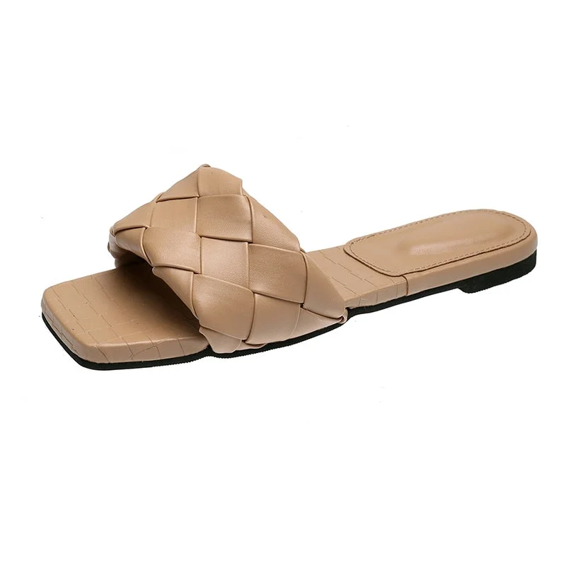 Women Weave Slippers 2021 Summer New Trend Simple Flat Shoes Ladies Diamond Lattice Mules Shoes Sexy Open Toe Ladies Flip Flop