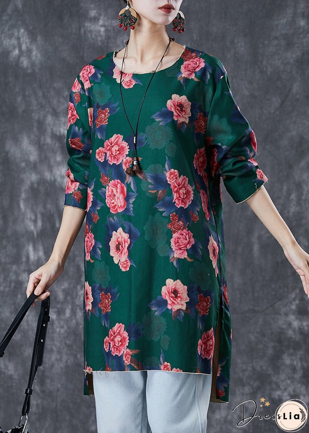 Green Floral Print Linen Mini Dress Side Open Fall