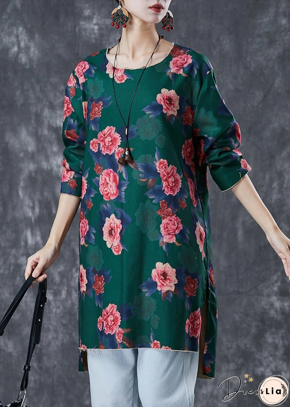 Green Floral Print Linen Mini Dress Side Open Fall