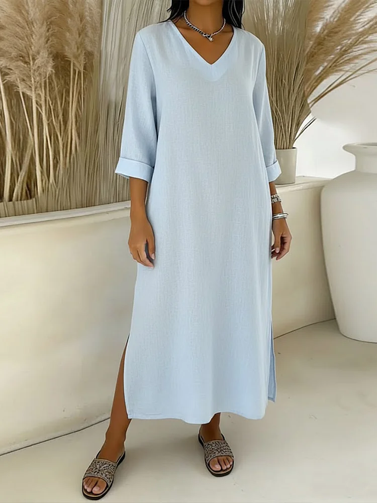Women's Solid Color V-neck Long-sleeved Casual Loose A-line Cotton And Linen Dress. socialshop
