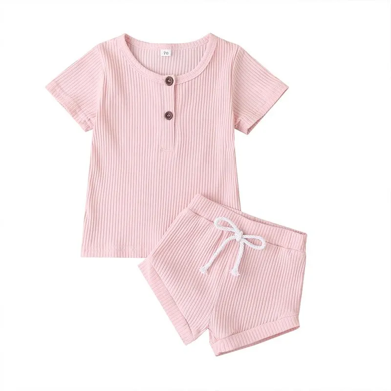 2020 Baby Summer Clothing Child Infant Baby Girls Boys Clothing Short Sleeve Solid Color Ribbed Top T Shirt Shorts Clothes