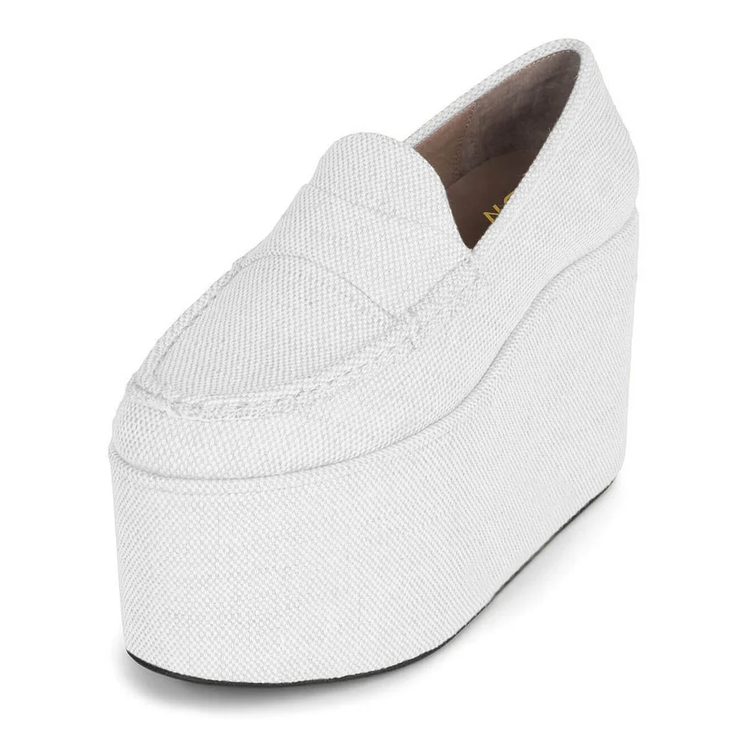 YDN White Round Toe Wedge Heel Simple Platform Loafers Women