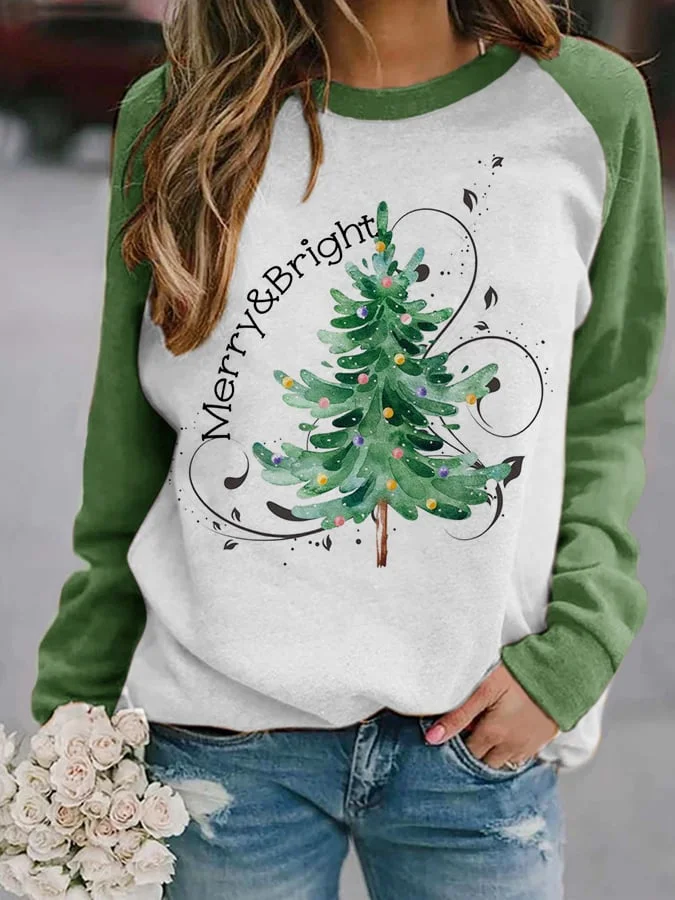 Women Merry Christmas Tree Print Casual Sweatshirt