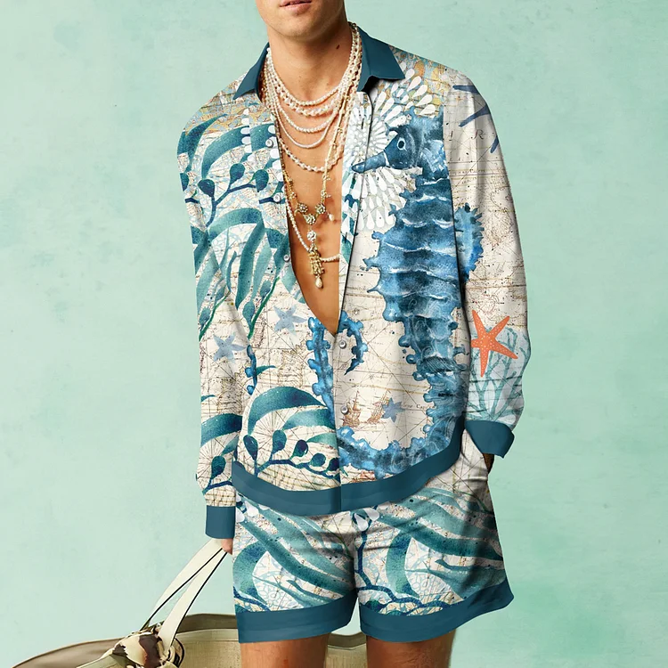 BrosWear Seahorse Underwater World Print Shirt And Shorts Co-Ord