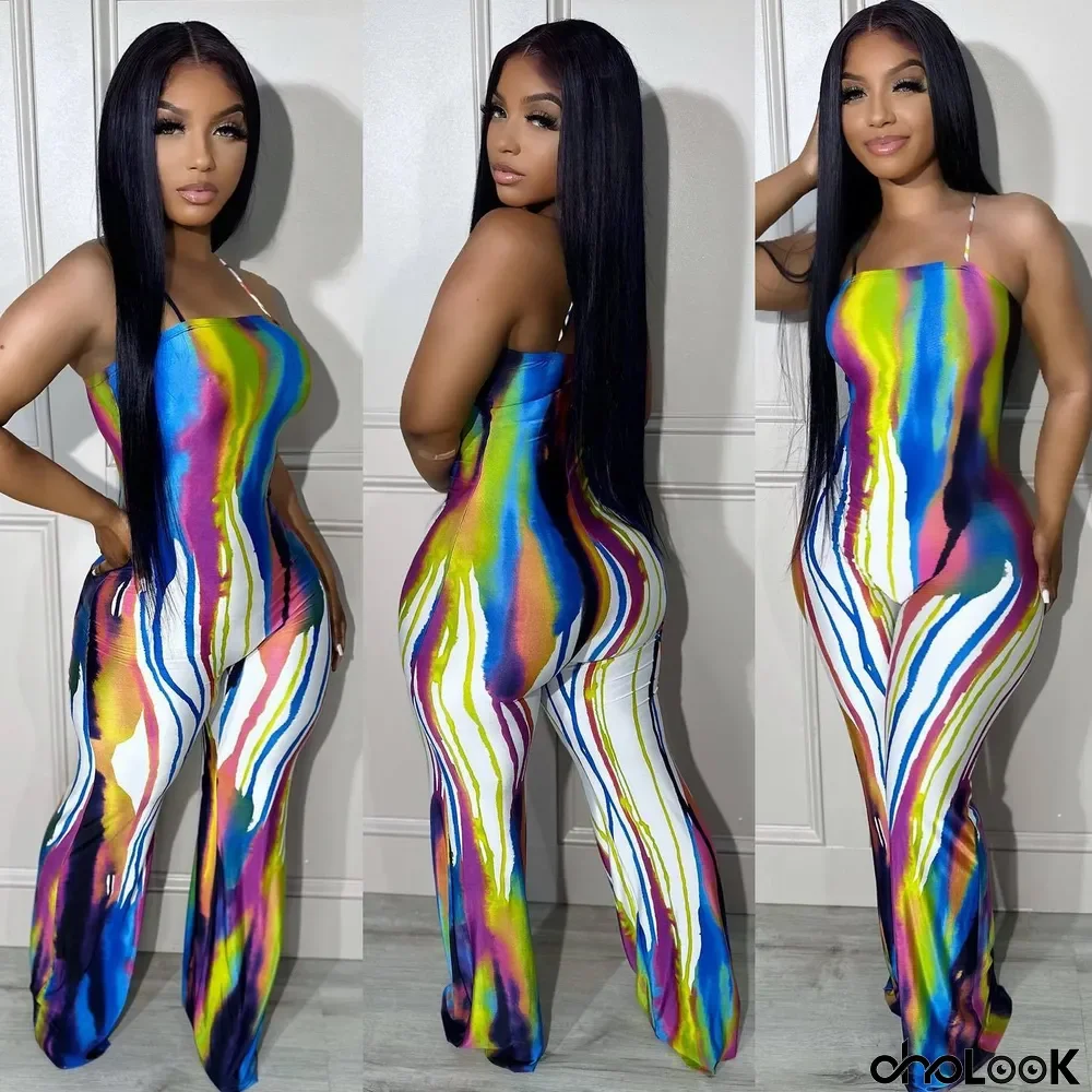 Sexy Suspender Graffiti Positioning Print Wide Leg Jumpsuit