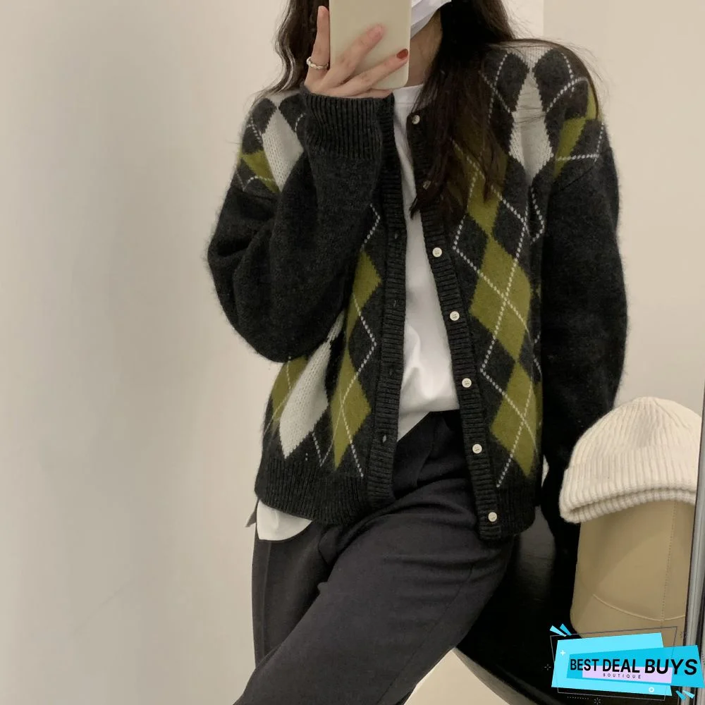 Diamond Round Neck Lazy Wind Knitted Cardigan Sweater