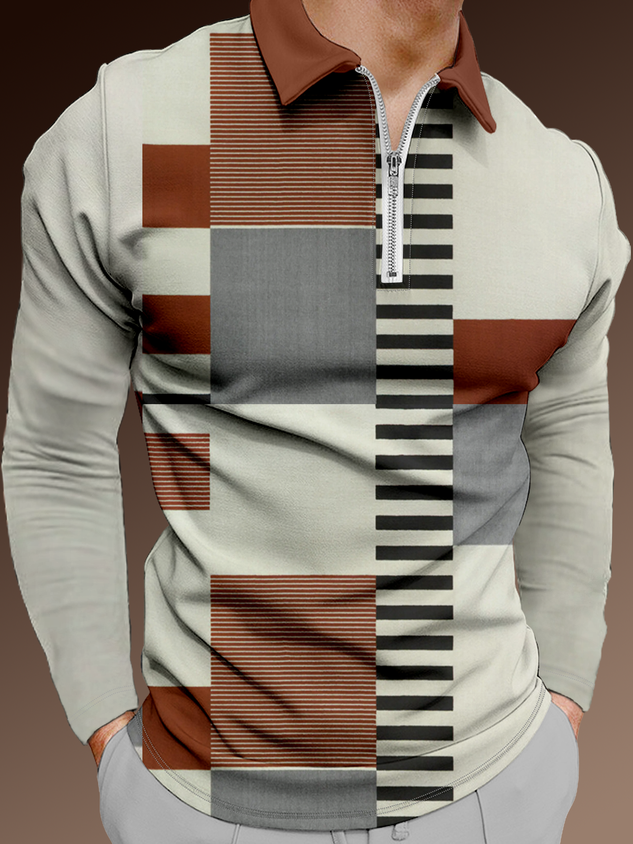 Casual Art Collection Geometric Stripe Pattern Lapel Long Sleeve Polo Print Top