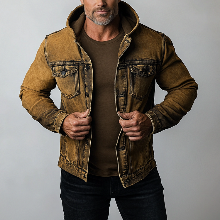 Men's Casual Single Breasted Distressed Denim Hooded Jacket
