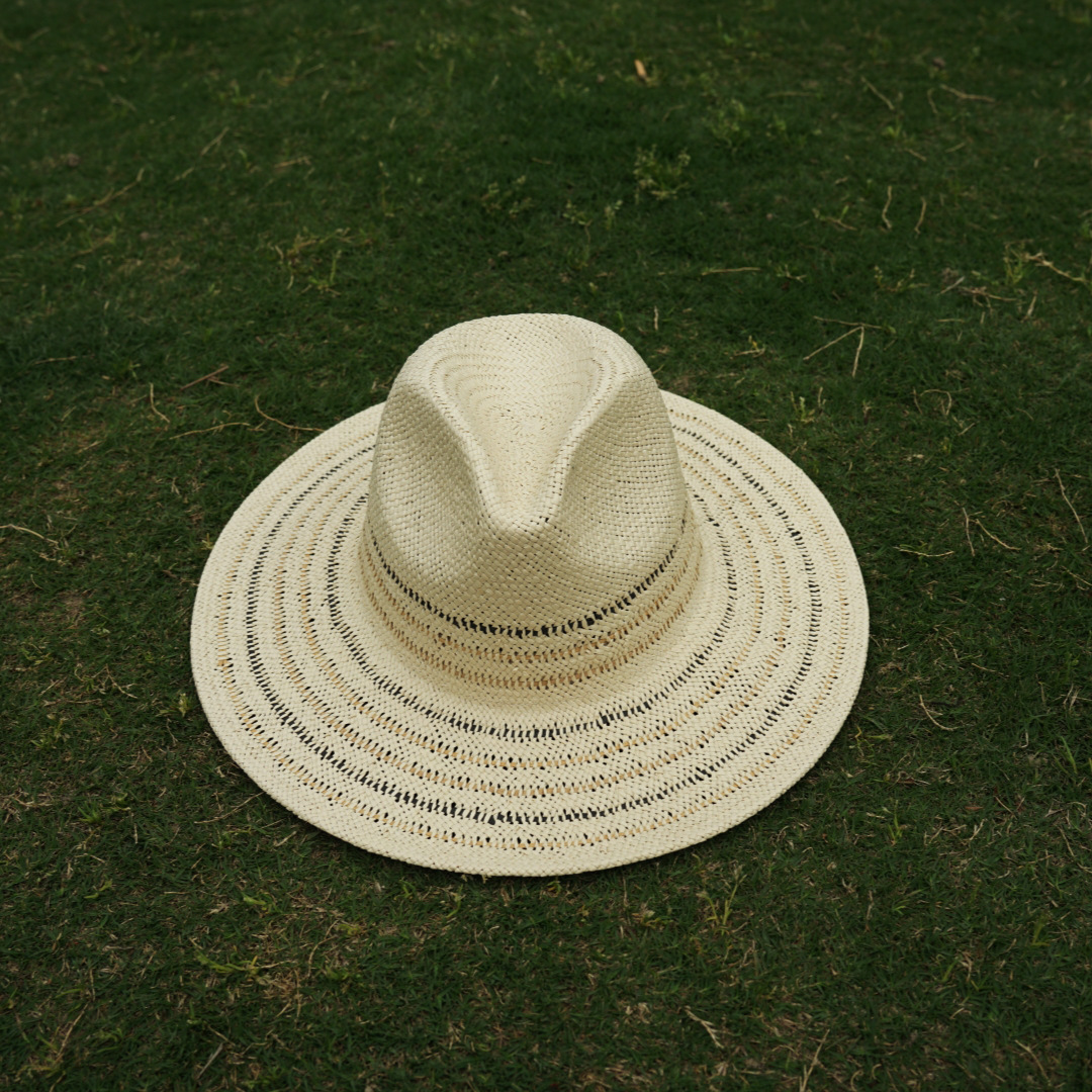 Striped Woven Jazz Bowler Hat, Panama Wide Brim Straw Hat