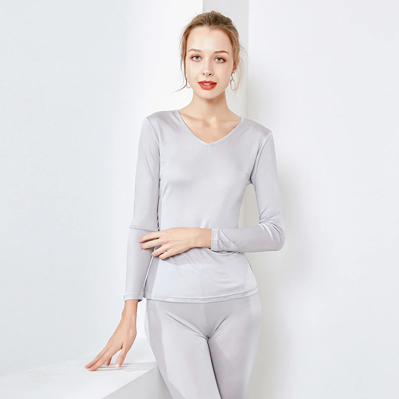 Realsilklife  30 Silk Lightweight V-neck Thermal Underwear Set For Women