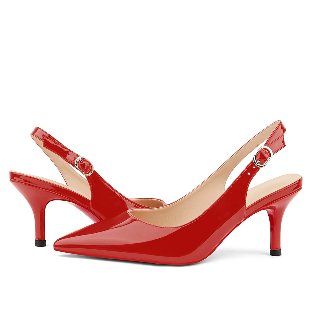 2.36" Women's Pointed Toe Red Bottom Sandals Slingback Shoes Kitten Heel Pumps Patent-MERUMOTE