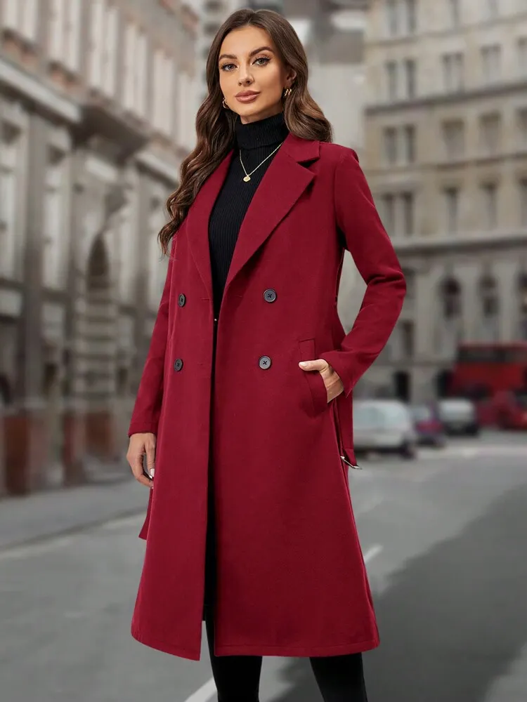 Women's Solid Color Notched Collar Long Sleeve Pocket Elegant Wool Blend Coat, Autumn/Winter