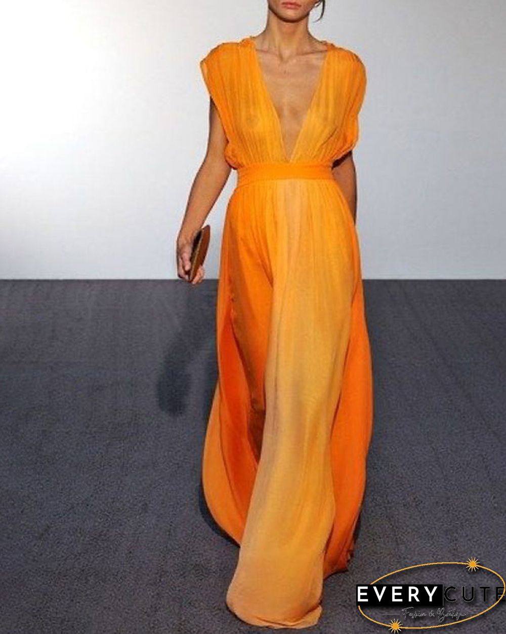 Orange V-Neck Sleeveless Long Dress