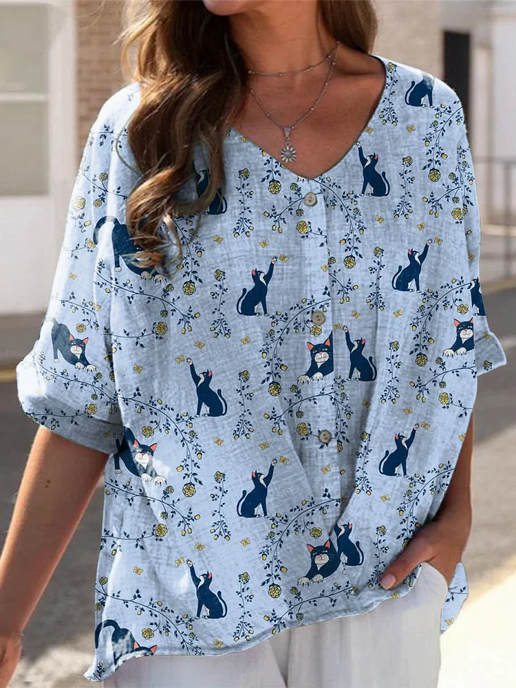Women's Blue Kitten Print Print Casual Linen V-neck Shirt