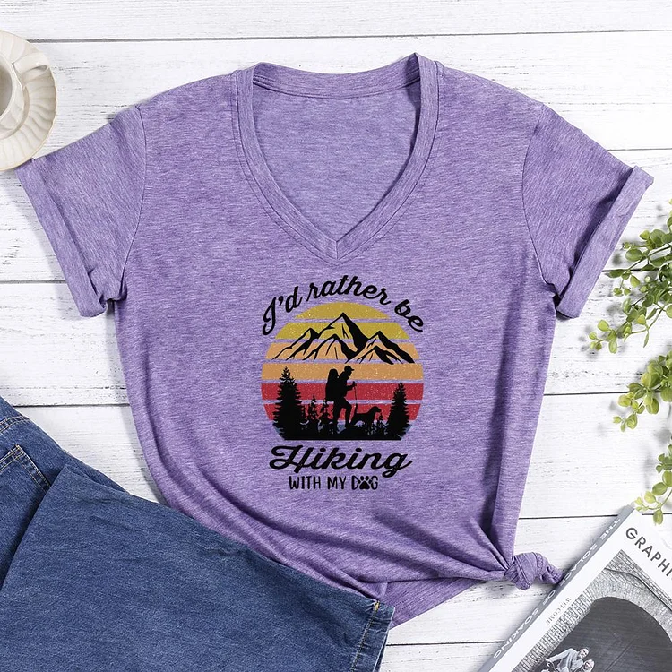 I'd Rather Be Hiking With My Dog V-neck T Shirt-Annaletters