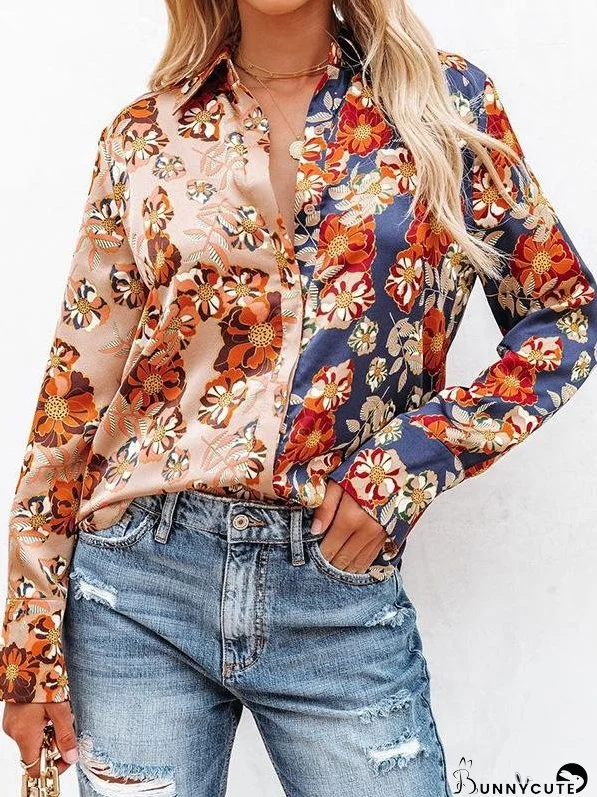 Blouses Floral Contrast Print Long Sleeve Lapel Button Blouses for Women