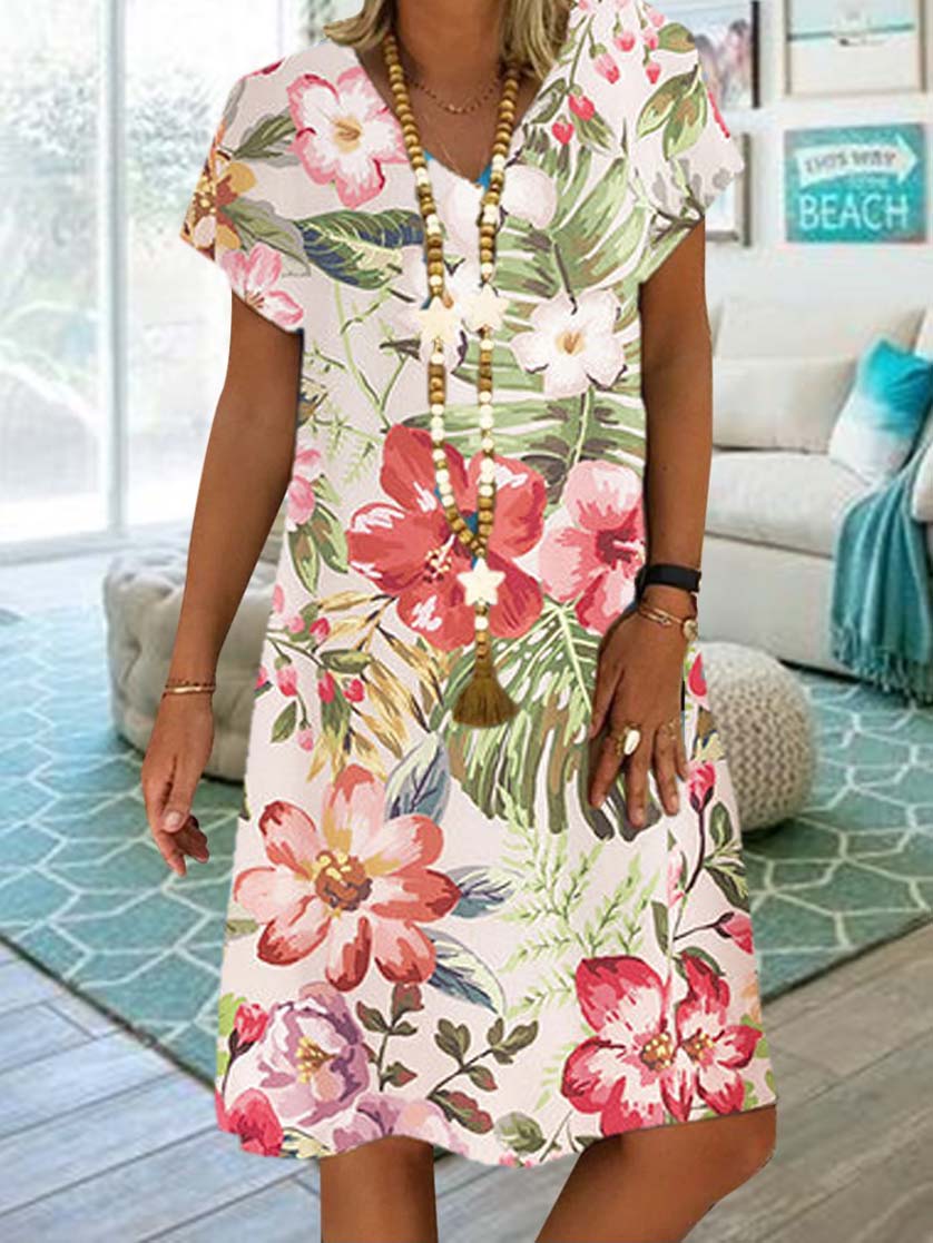 Women Half Sleeve V-neck Solid Color Dress