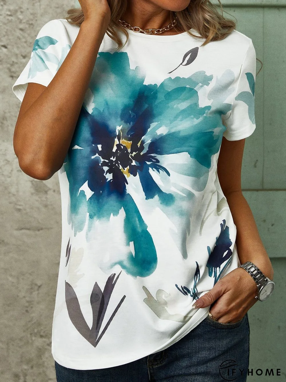 Crew Neck Floral Short Sleeve T-Shirt | IFYHOME