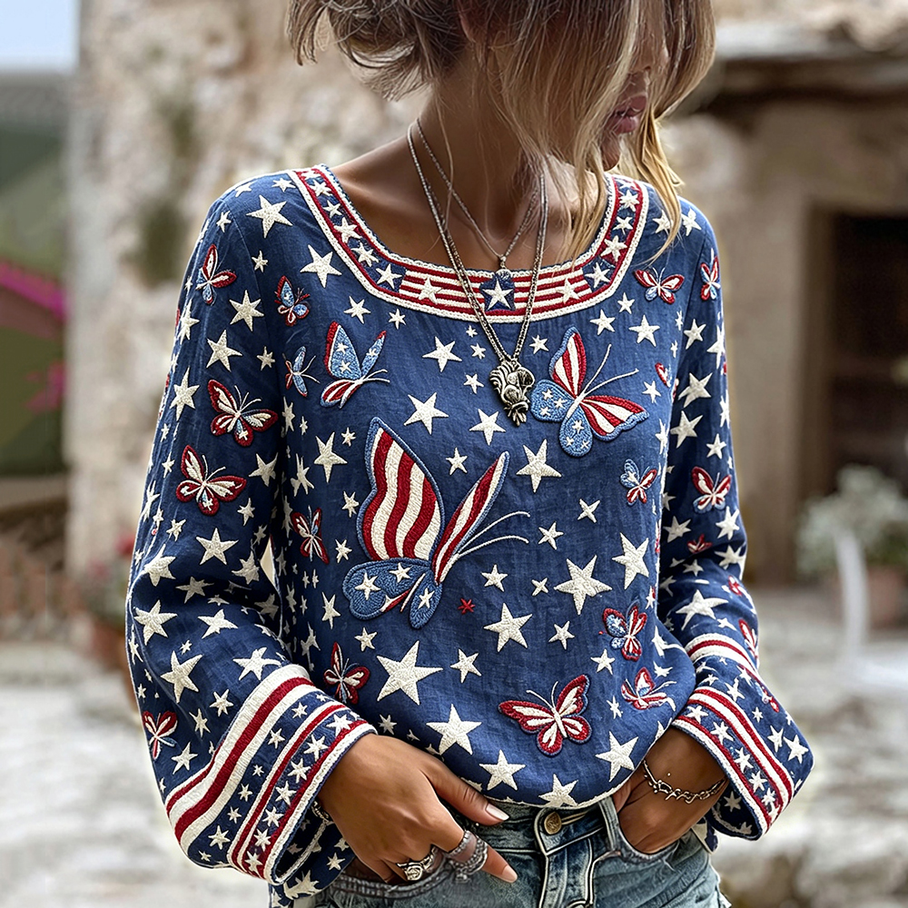  Vintage Butterfly American Flag Art Cozy Linen Tunic Westsshops