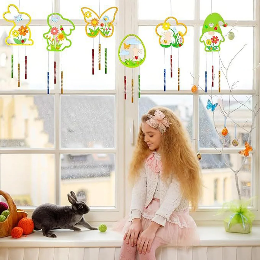 Easter Wind Chime Making Kit Diamond Painting Hanging Pendant Make Your Own 5D DIY Diamond Painting Dots Pendant Wooden Ornaments for Garden Window Decoration