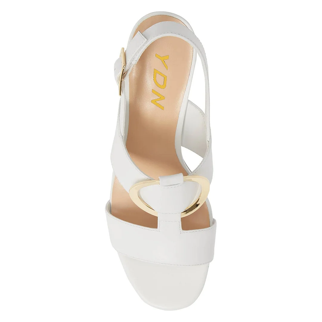 White Open Round Toe Summer Sandals Slingback Heels with Buckle